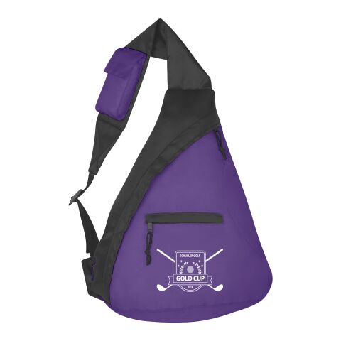 Budget Sling Backpack Purple | Screen Print | Front | 4.00 Inches × 2.50 Inches