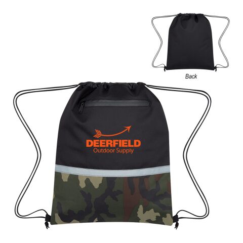 Camo Accent Drawstring Sports Pack Black | Silk Screen | Front | 6.00 Inches × 5.00 Inches
