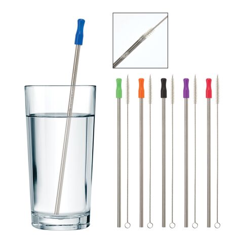 Stainless Steel Straw With Cleaning Brush Silver with Blue | No Imprint