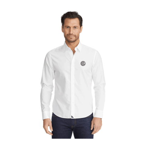 Las Cases Wrinkle-Free Long Sleeve Shirt Slim-Men&#039;s Standard | White | S | Embroidery | SLEEVE, Horizontal, - Centered on Right Sleeve Cuff | 3.00 Inches × 1.00 Inches