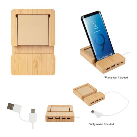 Bamboo Multi-Port Hub With Phone Holder &amp; Sticky Notes Beige | No Imprint