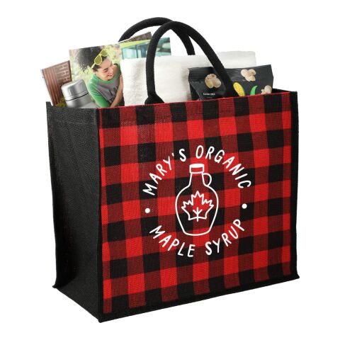 Buffalo Plaid Printed Jute Tote Red with Black | No Imprint | not available | not available