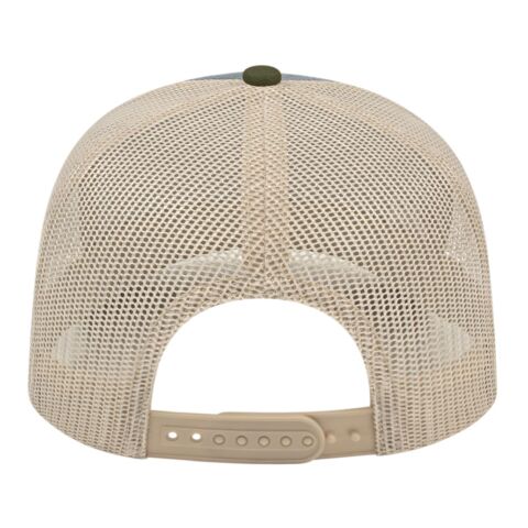 Cap America Poly/Cotton Trucker Mesh Back Cap Heather Olive-Loden-Stone | Embroidery | - Across Front Panels | 5.50 Inches × 2.50 Inches