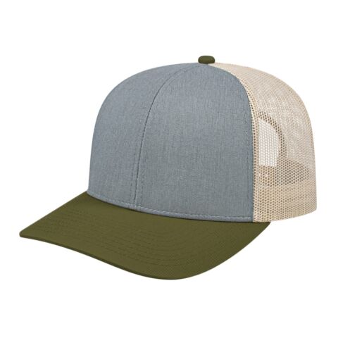 Cap America Poly/Cotton Trucker Mesh Back Cap Heather Olive-Loden-Stone | Embroidery | - Across Front Panels | 5.50 Inches × 2.50 Inches