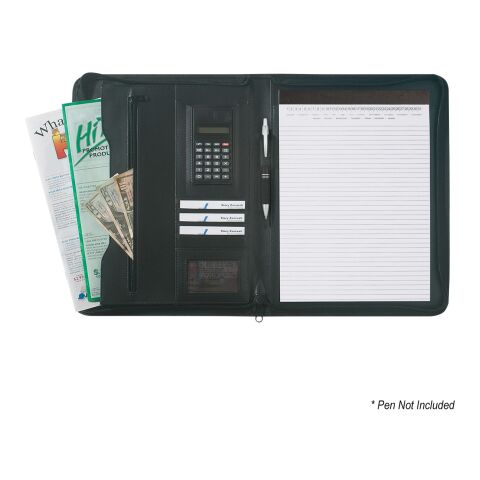 Leather Look 8 ½&quot; x 11&quot; Zippered Portfolio With Calculator Black | No Imprint | not available | not available