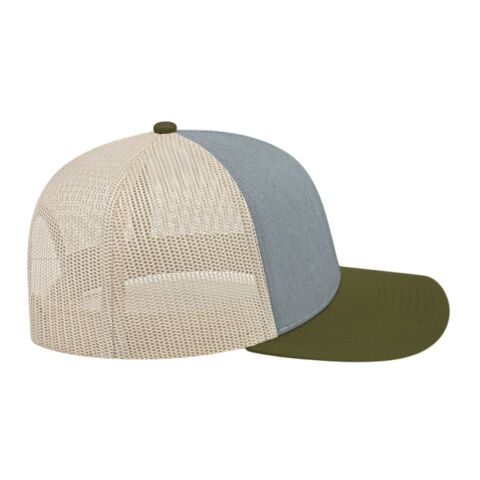 Cap America Poly/Cotton Trucker Mesh Back Cap Heather Olive-Loden-Stone | Embroidery | - Across Front Panels | 5.50 Inches × 2.50 Inches