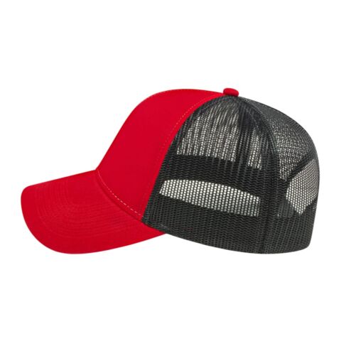 Cap America Two-Tone Trucker Mesh Back Cap Red-Black | Embroidery | - Across Right Side Seam | 4.00 Inches × 1.50 Inches